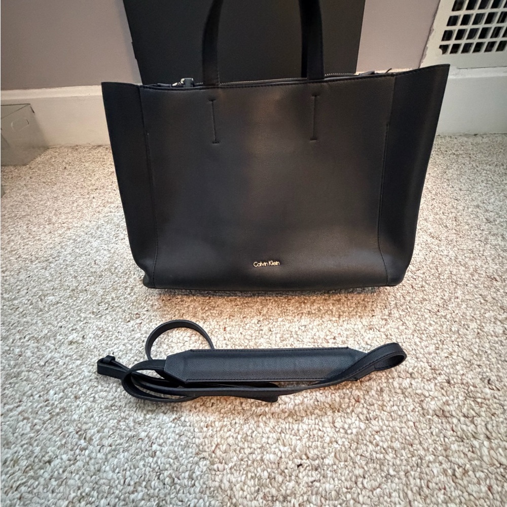 Calvin Klein Black Structured Leather Tote with Detachable Strap